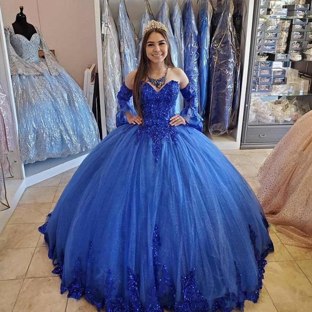 Princess Arabic Royal Blue Quinceanera Dresses 2020 Lace Applique Beaded Sweetheart Prom Dresses