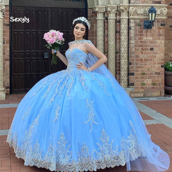 Luxury Blue Quinceanera Dress With Caped Lace Beaded Princess - Etsy