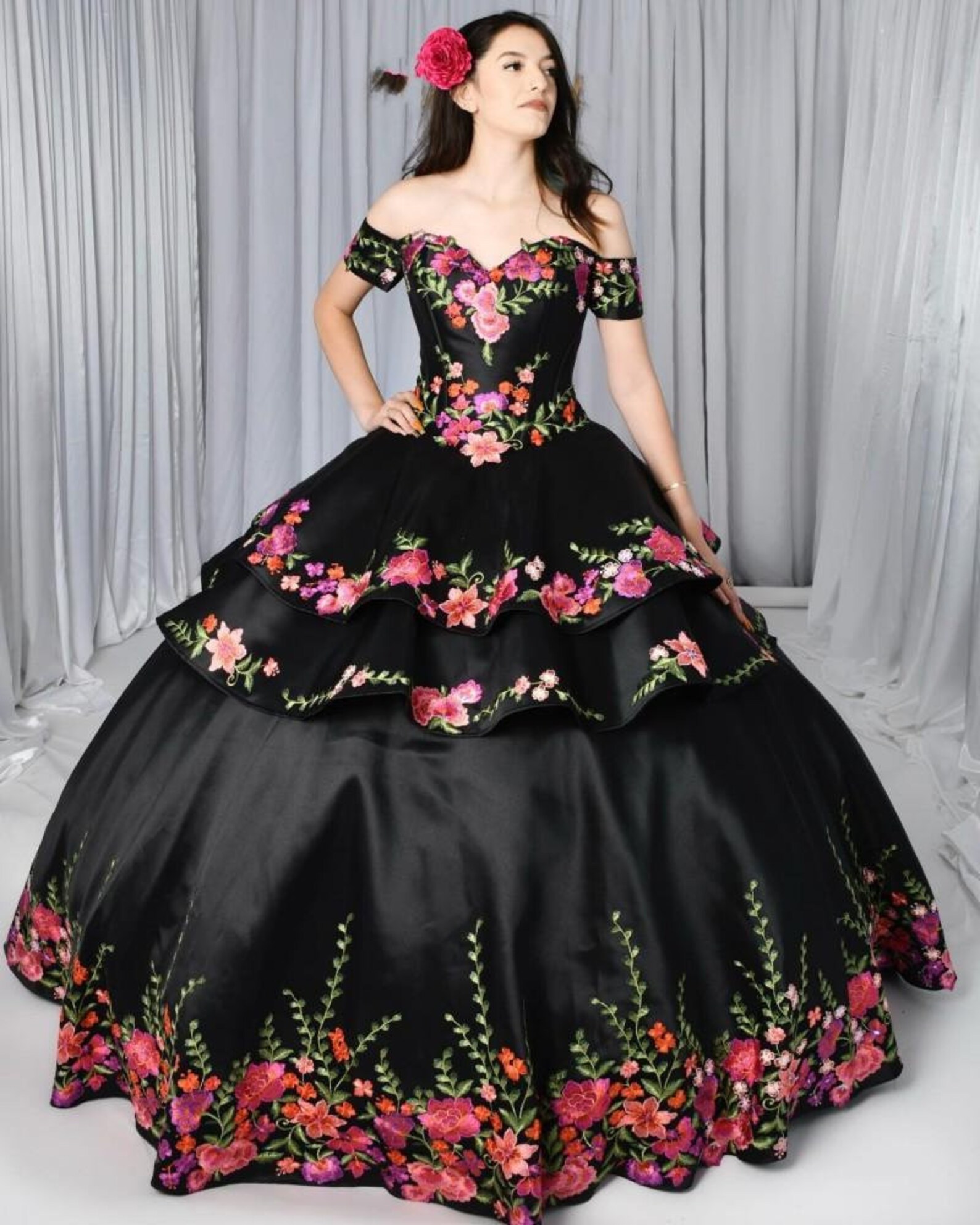 2021 Black Quinceanera Dresses Charro Detachable Skirt Floral - Etsy