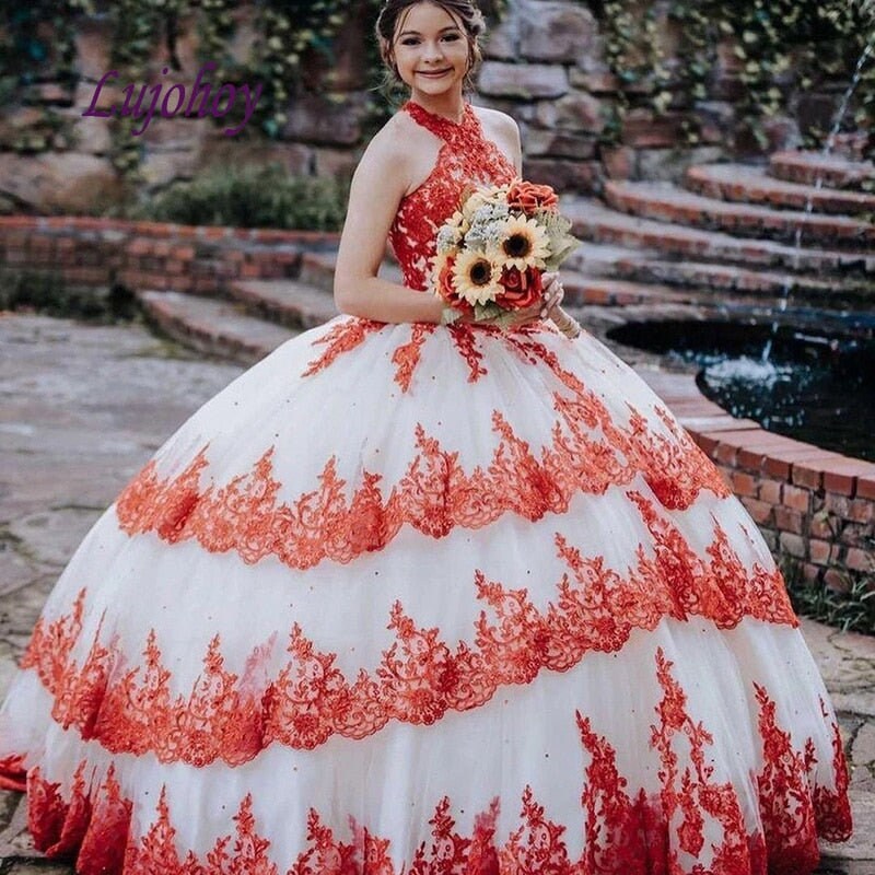 red black and white quinceanera dress