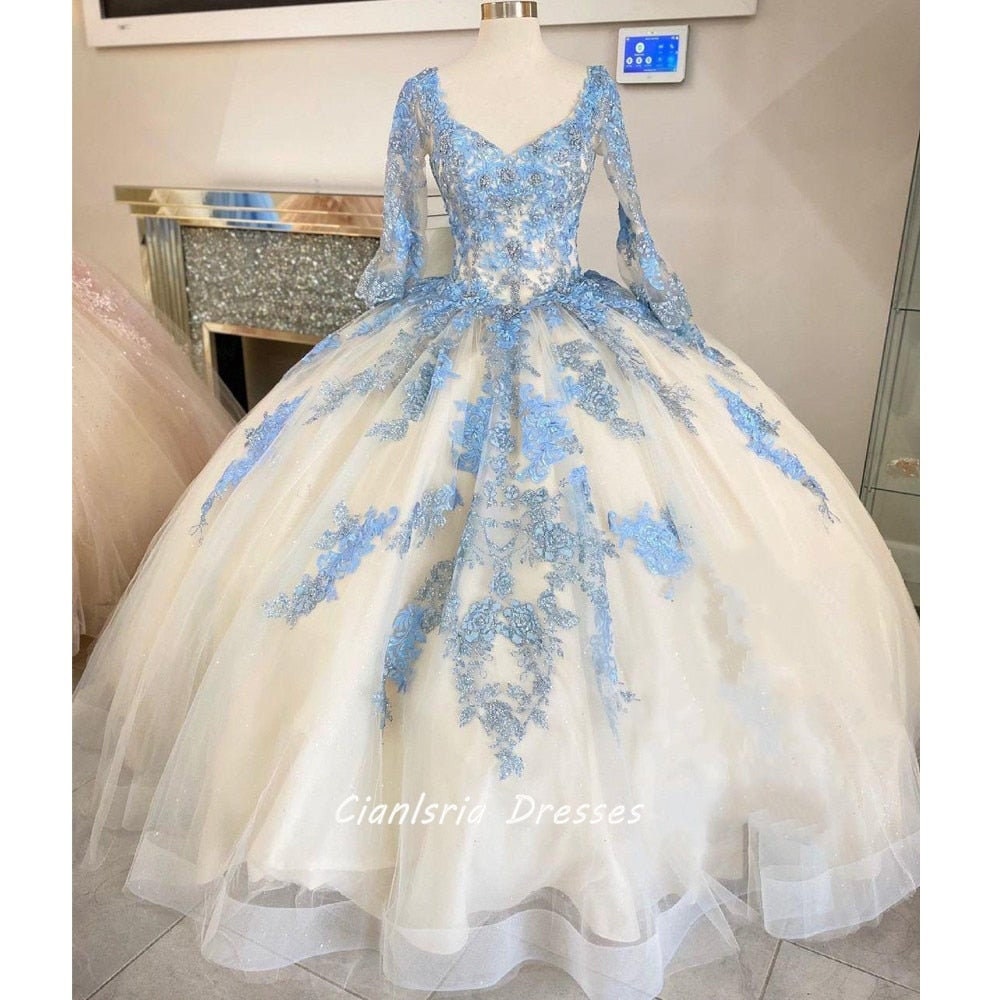 Sky Blue Quinceanera Dresses V Neck Ball Gown Charro XV Tulle - Etsy
