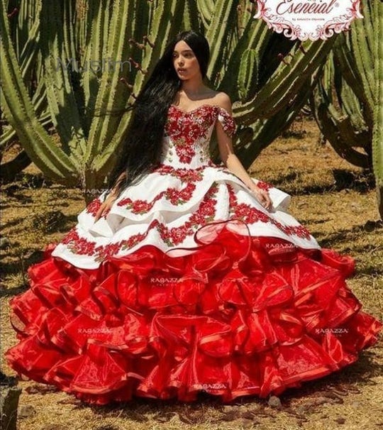 Rojo Floral Charro Quinceañera Vestidos Off Falda - España