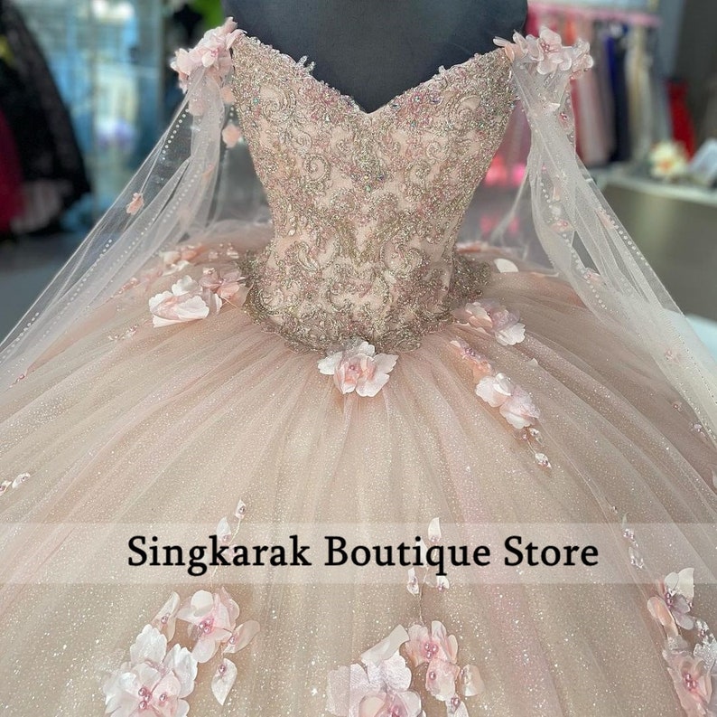 2022 Pink Quinceanera Dresses Cinderella With Wraps Floral 3D Etsy