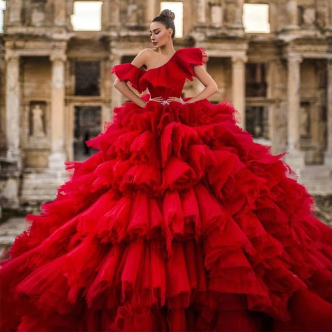 HUANLIAN Red Women's Bridal Wedding Dress Off Shoulder Long Formal Rose  Sleeve Guest Dress, S, Red : Amazon.de: Fashion