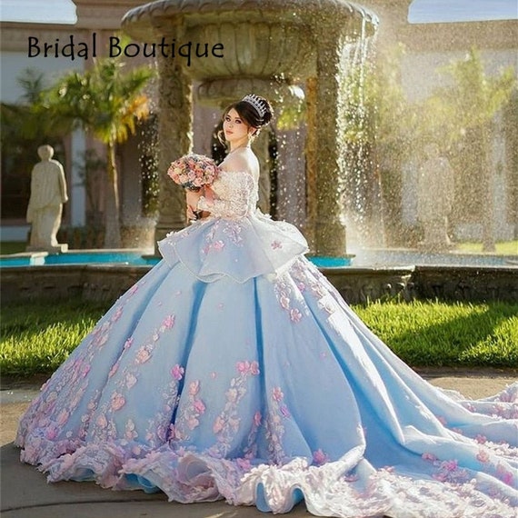 Precioso dulce 16 vestidos de quinceañera manga larga apliques de encaje  fuera del hombro vestido de fiesta vestido de fiesta vestidos de mascarada  de tul -  México