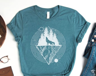 Fantasy Howling Wolf Shirt • Earthy Bohemian Wildlife Lover Tshirt • Enchanted Forest Pine Tree Nature Top • Naturalist Sacred Geometry Tee