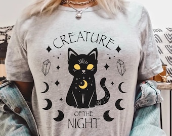 Camiseta mística de gato negro • Camiseta Whimsigoth con fases lunares • Regalo celestial de bruja para ella
