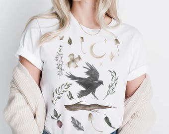 Witchy Crow Shirt with Crescent Moon and Mushrooms • Raven Graphic Tee for Dark Cottagecore Nature Lovers