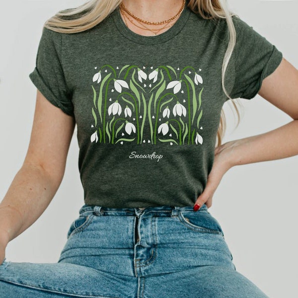 Snowdrop Wildflower Botanical Shirt • Earthy Granola Girl Gardening Tshirt • Spring Cottagecore White Birth Flower • Artsy Naturalist Tee