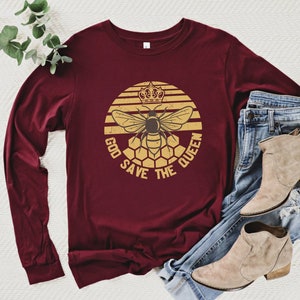 Vintage Queen Bee Long Sleeve Shirt • Honey Bee Beekeeping Tshirt • Save the Bees Pollinator Top • Boho Beekeeper Gift • Eco Fashion Tee