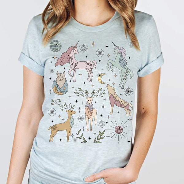 Mystical Celestial Woodland Creatures Tshirt • Magical Enchanted Forest Fairycore Shirt • Whimsical Nature • Boho Deer Fox Wolf Unicorn Tee