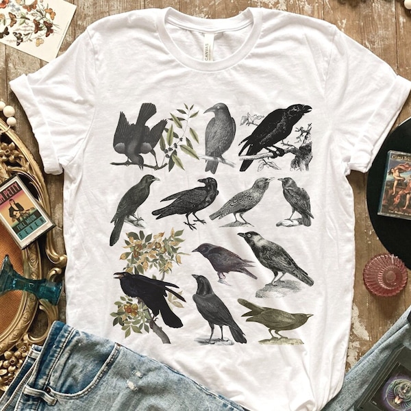 Schwarzes Krähen- und Raben-Shirt • Wildes Vogel-Beobachtungs-T-Shirt • Gruselige Jahreszeit Dunkle Academia • Hexenhafte schwarze Vogel-Mama • Wildes gotisches Tier-T-Shirt