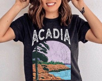Vintage Acadia National Park T-Shirt • Retro Coastal Maine Pine Graphic Tee • Cozy Outdoorsy Apparel for the Earthy Wanderer