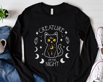 Creature of the Night Black Cat Long Sleeve Tee with Moon Phases & Crystals