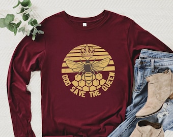 Queen Bee Long Sleeve Shirt • Save the Bees Retro Graphic Top • Vintage Honeycomb Beekeeper Gifts • Granola Girl Fall Apparel