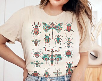 Eclectic Insect Folk Art Shirt • Earthy Naturecore Entomology Tshirt • Bee Beetle Moth Dragonfly Ecology Conservation • Artsy Naturalist Tee