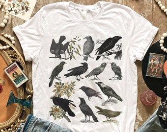 Schwarzes Krähen- und Raben-Shirt • Wildes Vogel-Beobachtungs-T-Shirt • Gruselige Jahreszeit Dunkle Academia • Hexenhafte schwarze Vogel-Mama • Wildes gotisches Tier-T-Shirt