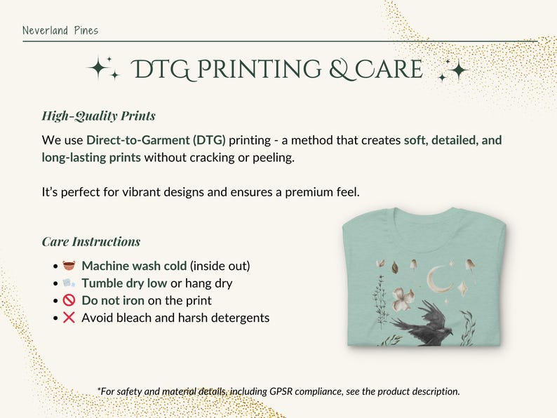 May include: A pale green t-shirt with a watercolour design of a raven, moon, and floral elements. The image also includes care instructions and information about DTG printing.