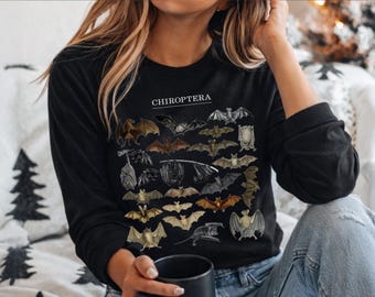 Bat Long Sleeve Shirt • Chiroptera Species Chart, Vintage Natural History Illustration, Gift for Bat Lovers