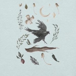 May include: A watercolour illustration of a black raven in flight, with botanical elements. The design includes mushrooms, leaves, a crescent moon, and a log, in muted earth tones against a light blue background.