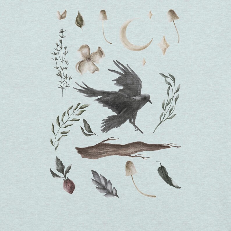 May include: A watercolour illustration of a black raven in flight, with botanical elements. The design includes mushrooms, leaves, a crescent moon, and a log, in muted earth tones against a light blue background.