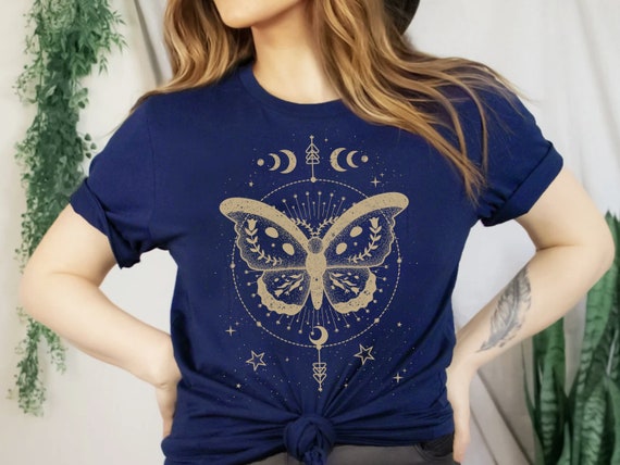 Witchy Butterfly Shirt • Moon Phase Celestial Tee with Sacred Geometry Mandala • Whimsigoth Clothing Aesthetic Gift for Women