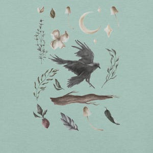 May include: A watercolour illustration of a black raven in flight, with botanical and celestial elements. Includes a crescent moon, stars, mushrooms, leaves, and a log, set against a soft teal background.