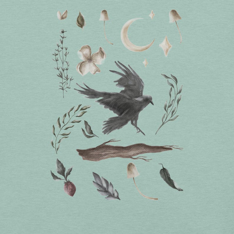 May include: A watercolour illustration of a black raven in flight, with botanical and celestial elements. Includes a crescent moon, stars, mushrooms, leaves, and a log, set against a soft teal background.