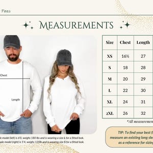 May include: Size chart for a long-sleeve shirt with measurements in inches for chest, length, and sleeve length. Sizes include XS, S, M, L, XL, and 2XL.  The chart includes a tip to measure an existing long-sleeve shirt for sizing.