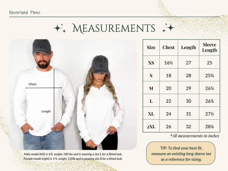 May include: Size chart for a long-sleeve shirt with measurements in inches for chest, length, and sleeve length. Sizes include XS, S, M, L, XL, and 2XL.  The chart includes a tip to measure an existing long-sleeve shirt for sizing.