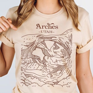 Arches National Park Shirt • Moab Utah Delicate Arch Woodcut Print Tshirt • Southwest Desert Hiking Tee • Mighty Five Nature Camping Top