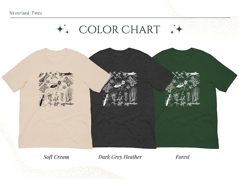 May include: A color chart displays three t-shirts: soft cream, dark grey heather, and forest green. Each shirt features a white graphic design. The text "Neverland Pines" and "COLOR CHART" are at the top. The bottom of the image labels each shirt's color.
