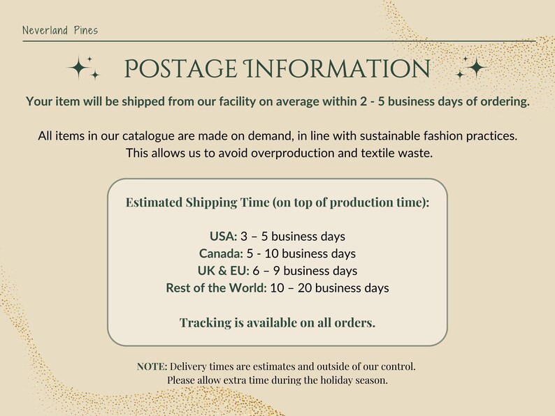 K&ouml;nnte beinhalten: Eine Grafik mit dem Text "POSTAGE INFORMATION" in einem gr&uuml;nen Kasten auf wei&szlig;em Hintergrund. Der Text erkl&auml;rt, dass Artikel innerhalb von 2-5 Werktagen nach der Bestellung aus dem Lager versandt werden. Die Grafik enth&auml;lt auch gesch&auml;tzte Lieferzeiten f&uuml;r die USA, Kanada, Gro&szlig;britannien und die EU sowie f&uuml;r den Rest der Welt. Der Text besagt, dass die Sendungsverfolgung f&uuml;r alle Bestellungen verf&uuml;gbar ist.