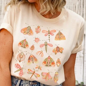 Cottagecore Moths Shirt • Whimsical Folk Art Insect Tshirt • Spring Naturecore Bug Lovers Entomology Gift • Boho Nature Dragonfly Beetle Tee