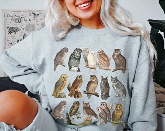 Naturalist Owl Sweatshirt • Vintage Bird Species Ornithology Sweater • Fall Wildlife Pullover • Gift for Bird Lovers and Biology Students