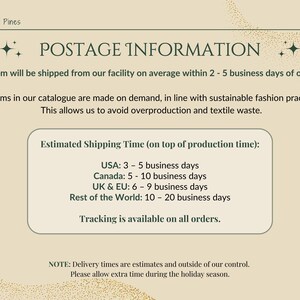 May include: Cream-colored graphic with the text "POSTAGE INFORMATION" and details about shipping times. The text includes estimated delivery times for the USA, Canada, UK & EU, and the rest of the world.