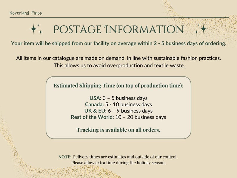 May include: Cream-colored graphic with the text "POSTAGE INFORMATION" and details about shipping times. The text includes estimated delivery times for the USA, Canada, UK & EU, and the rest of the world.