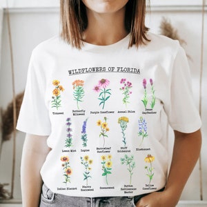 Florida Wildflower Print Shirt • Native Plant Botany Field Guide Tee • Garden Girl Cottage Core Clothes • Vintage Naturalist Earth Day Gift
