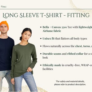 May include: Two long-sleeve t-shirts, one navy blue and one green, are shown on models. The text "LONG SLEEVE T-SHIRT - FITTING" is at the top of the image. Below the text are bullet points describing the t-shirt's features: Bella + Canvas 3501 Tee with lightweight Airlume fabric, Unisex fit that flatters all body types, Flows naturally across the chest, torso, and hips, Durable seams and ribbed collar for a stylish look, Ethically made in cruelty-free, WRAP-certified facilities.