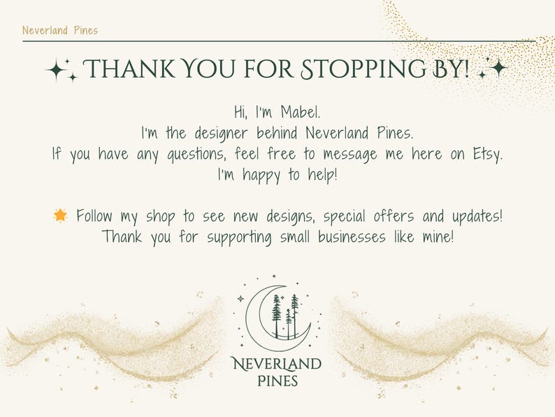K&ouml;nnte beinhalten: Eine Dankesbotschaft von Neverland Pines, einem Shop auf Etsy. Die Nachricht enth&auml;lt einen Halbmond mit B&auml;umen darin und den Text "Neverland Pines".