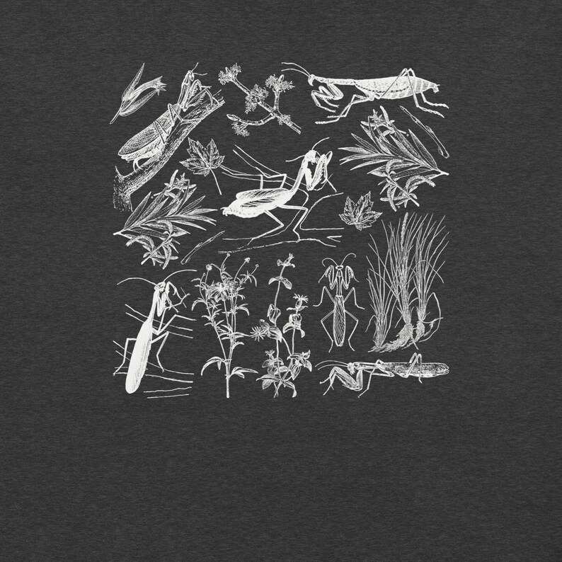May include: A detailed white ink illustration on a dark gray background. The artwork features various insects, including praying mantises, and botanical elements like leaves and sprigs. The design has a vintage, scientific aesthetic.