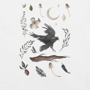 May include: A watercolour illustration of a black raven in flight, with botanical elements. Includes mushrooms, leaves, a crescent moon, and stars. The artwork has a neutral colour palette with shades of grey, brown, and green, creating a whimsical, nature-inspired design.