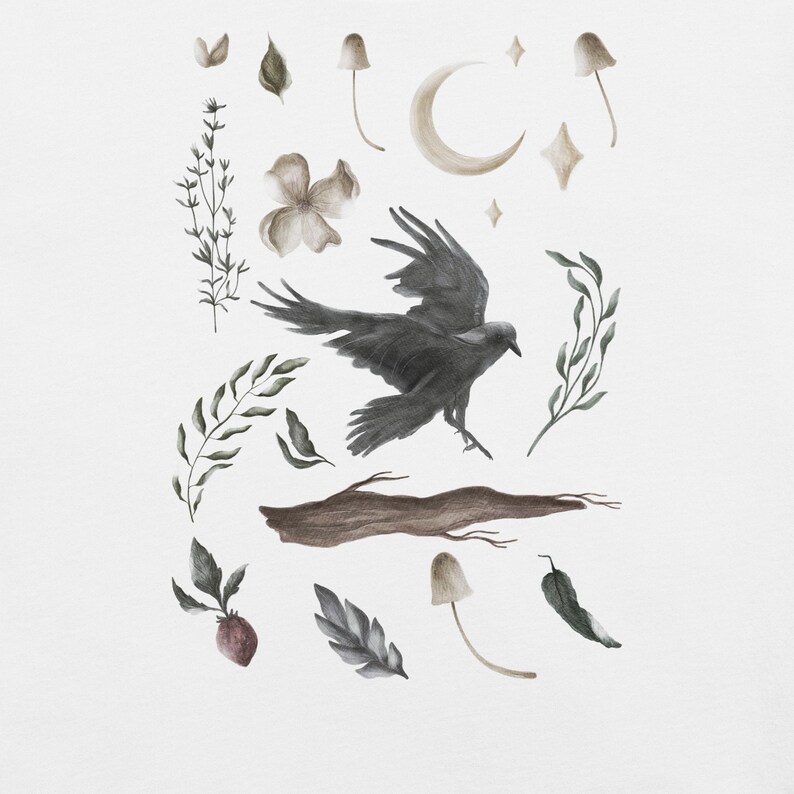 May include: A watercolour illustration of a black raven in flight, with botanical elements. Includes mushrooms, leaves, a crescent moon, and stars. The artwork has a neutral colour palette with shades of grey, brown, and green, creating a whimsical, nature-inspired design.