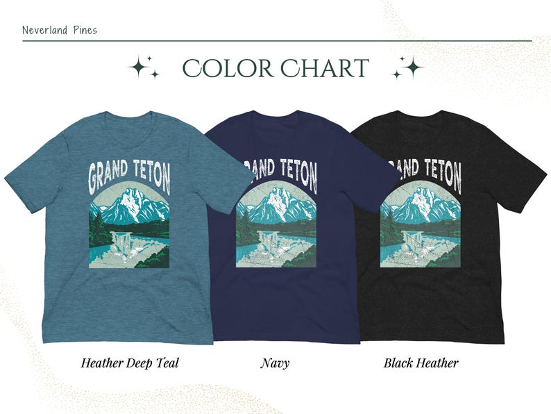 May include: Three short-sleeved t-shirts in teal, navy, and black heather. Each shirt features a graphic of mountains and water with the text "GRAND TETON". The color chart below the shirts indicates the color names.