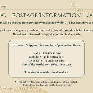 May include: A text-based image with the title "POSTAGE INFORMATION" and details about shipping times for orders from Neverland Pines. The image includes estimated shipping times for the USA, Canada, UK & EU, and the rest of the world. It also states that tracking is available on all orders.
