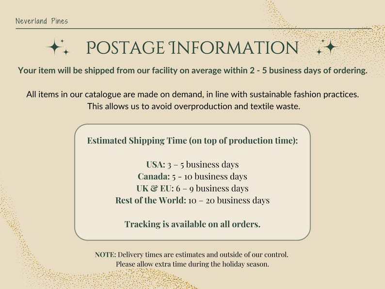 May include: A text-based image with the title "POSTAGE INFORMATION" and details about shipping times for orders from Neverland Pines. The image includes estimated shipping times for the USA, Canada, UK & EU, and the rest of the world. It also states that tracking is available on all orders.