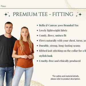 May include: An advertisement for a premium tee shirt. A man and a woman are shown wearing black and rust-coloured t-shirts. The text on the right highlights features like a lightweight fabric and a unisex fit. The brand name is Neverland Pines.