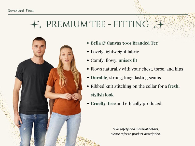 May include: An advertisement for a premium tee shirt. A man and a woman are shown wearing black and rust-coloured t-shirts. The text on the right highlights features like a lightweight fabric and a unisex fit. The brand name is Neverland Pines.