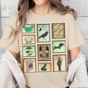 Camiseta de estética bohemia y brujería • Camiseta de bruja de bosque, naturaleza mística • Camiseta vintage indie con tarot botánico • Camiseta encantada de estilo cottagecore oscuro