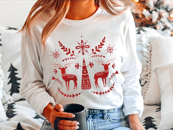 Norwegian Christmas Long Sleeve Shirt • Scandi Reindeer Block Print Top • Granola Aesthetic Winter Clothes • Hygge Folk Art Gift